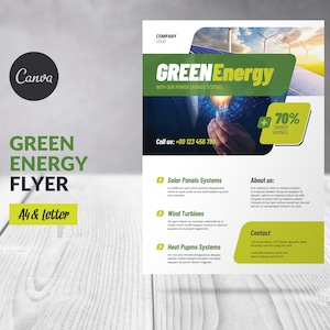 Renewable Energy Business Flyer Editable Canva Template, Green Energy Solutions, Clean Energy Solar Power Energy Flyer, Photovoltaic Panels