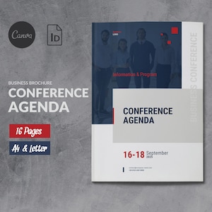 Modello di brochure per conferenze di eventi, agenda di conferenze Canva, brochure per organizzatori di eventi di conferenze, pianificatore di programmi per eventi aziendali