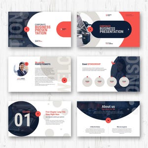 May include: A collection of six presentation slides with a modern design. The slides feature a color scheme of navy blue, white, and coral. Text includes "Corporate Business Presentation", "Section 01", and "About us".