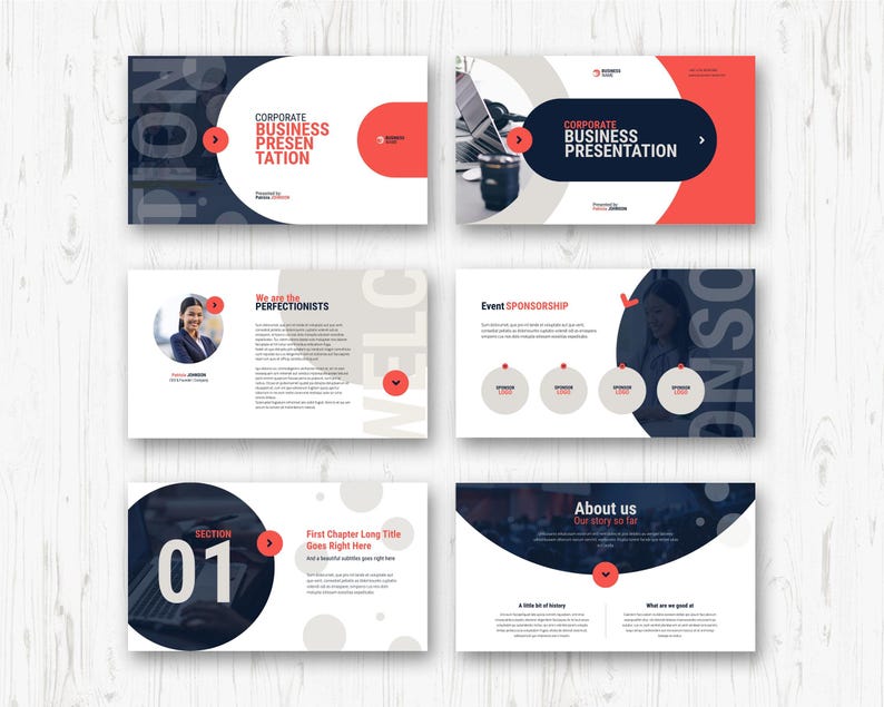 May include: A collection of six presentation slides with a modern design. The slides feature a color scheme of navy blue, white, and coral. Text includes "Corporate Business Presentation", "Section 01", and "About us".