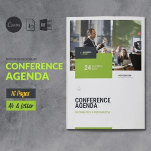 Event Conference Agenda Brochure Template Canva, Conference Event Organization Booklet, Schedule Business Event Program Planner