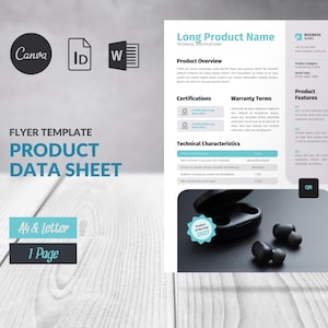 Könnte beinhalten: Eine Produkt-Datenblatt-Vorlage für einen Flyer. Die Vorlage ist für ein Produkt namens "Long Product Name" konzipiert. Der Flyer enthält Abschnitte für die Produktübersicht, Zertifizierungen, Garantiebedingungen, technische Eigenschaften und Produktmerkmale. Der Flyer enthält auch einen QR-Code und eine Grafik eines drahtlosen Kopfhörers.