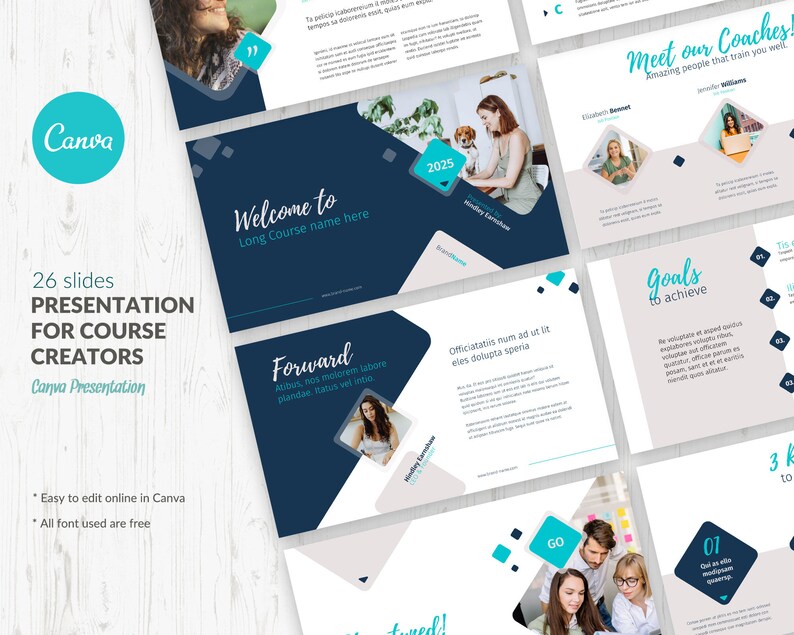 May include: A presentation template for course creators with 26 slides. The template features a blue and white colour scheme with geometric shapes and text that says "Welcome to" and "Forward".