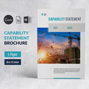 Puede incluir: Folleto "Capability Statement" con imagen de obra en construcción. Diseño blanco con detalles azules. Incluye texto "4 Páginas" y "A4 & US Letter". Presenta iconos de Canva, ID y W.