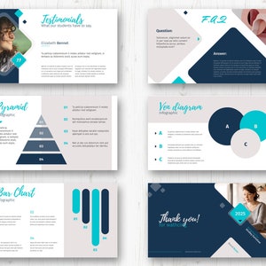 May include: A presentation slide deck with a blue and turquoise colour scheme. The slides feature various infographic designs, including a pyramid, bar chart, and Venn diagram. The text on the slides includes "Testimonials", "Pyramid Infographic", "Bar Chart Infographic", "Ven Diagram Infographic", "F.A.Q", "Question", "Answer", and "Thank you!"