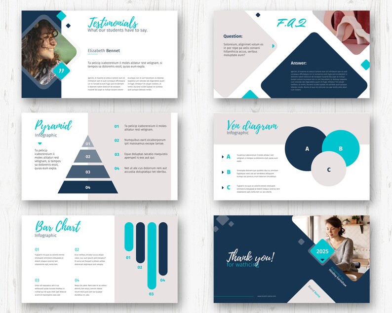 May include: A presentation slide deck with a blue and turquoise colour scheme. The slides feature various infographic designs, including a pyramid, bar chart, and Venn diagram. The text on the slides includes "Testimonials", "Pyramid Infographic", "Bar Chart Infographic", "Ven Diagram Infographic", "F.A.Q", "Question", "Answer", and "Thank you!"