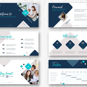 May include: A presentation slide deck with a blue and white colour scheme. The slides feature text, numbers, and images. The text includes the words "Welcome to", "From inside", "Stay tuned", "Forward", "Who we are", and "Course Timeline". The images include a woman with a dog, a group of people, and a timeline.