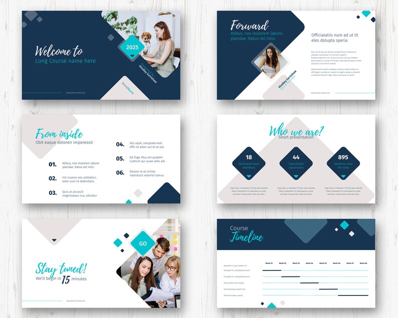 May include: A presentation slide deck with a blue and white colour scheme. The slides feature text, numbers, and images. The text includes the words "Welcome to", "From inside", "Stay tuned", "Forward", "Who we are", and "Course Timeline". The images include a woman with a dog, a group of people, and a timeline.