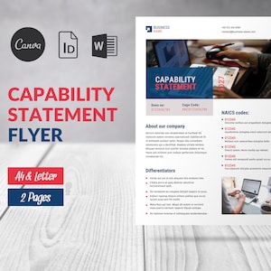 May include: A blue and red flyer with the text "Capability Statement Flyer" in white. The flyer has a white background with a wood grain texture. The flyer also has the text "A4 & Letter, 2 Pages" in white.