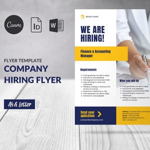 Puede incluir: Plantilla de folleto para la contratación de empresas, con el texto "¡ESTAMOS CONTRATANDO!" y detalles para un puesto de Gerente de Finanzas y Contabilidad. El diseño incluye una combinación de colores amarillo y azul, con espacio para el nombre de la marca e información de contacto.