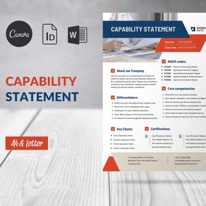 May include: A capability statement template with a red and blue color scheme. The template includes sections for about the company, differentiators, key clients, certifications, and NAICS codes. The template also includes contact information and a business name.