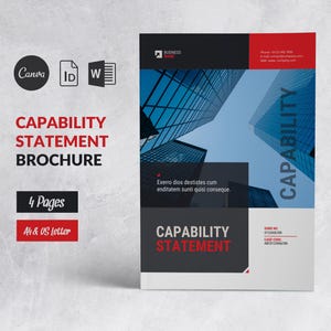 Könnte beinhalten: Broschüre mit dem Titel "Capability Statement Brochure" mit modernem Design. Das Cover zeigt ein Stadtbild, mit Text in Rot und Weiß. Enthält Symbole für Canva, InDesign und Word sowie den Text "4 Seiten" und "A4 & US Letter".