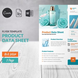 May include: A product data sheet flyer template for a beauty product. The flyer features a blue and white colour scheme with a product image of a bottle of perfume and a tube of lotion. The text on the flyer includes the words "Product Data Sheet", "Product Overview", "Product Features", and "Product Certifications".
