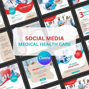 May include: A collection of social media graphics for a medical health care center. The graphics feature a variety of images, including doctors, nurses, and medical equipment. The graphics also include text such as "Social Media Medical Health Care", "Our Medical Services", "Advices for a healthy life", "Did you know?", "All usual Blood Tests", and "Testimonial".