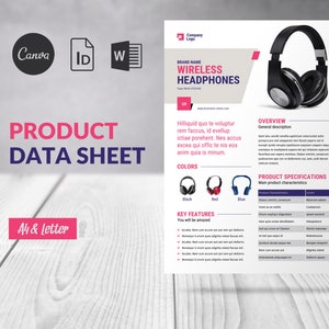 Könnte beinhalten: Produktinformationsblatt für drahtlose Kopfhörer. Das Blatt enthält eine Produktbeschreibung, wichtige Merkmale, Spezifikationen und Farboptionen: Schwarz, Rot und Blau.