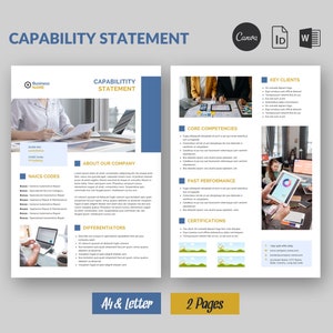 May include: A two-page document titled "CAPABILITY STATEMENT" with a blue and white design. The document includes sections for "About Our Company," "Core Competencies," and "Key Clients." The Canva, ID, and W logos are visible.