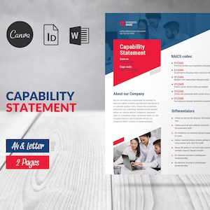 以下が含まれることがあります： 白い枠の中に「Capability Statement」というテキストが書かれた、赤と青のビジネス能力ステートメントテンプレート。このテンプレートには、NAICSコード、会社概要、差別化要因のセクションが含まれています。このテンプレートは、A4とレターサイズに対応しており、2ページ構成です。