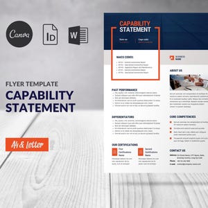 Puede incluir: Plantilla de folleto "CAPABILITY STATEMENT" con un diseño azul marino y blanco. El folleto incluye secciones para los códigos NAICS, el rendimiento pasado, los diferenciadores, las competencias básicas y la información de contacto. Disponible en tamaños A4 y Carta.