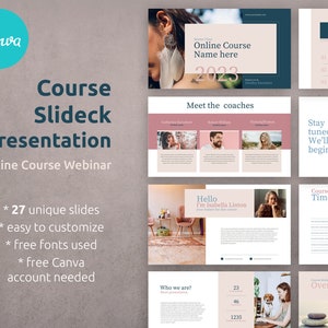 May include: A pink and blue online course presentation slide deck with the title "Course Slideck Presentation" and the text "Online Course Webinar". The slide deck includes images of people, text, and a timeline.