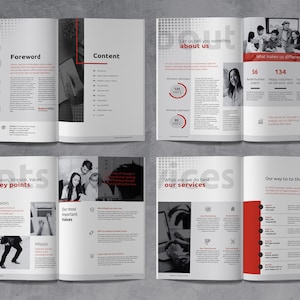 May include: A black and white brochure with red accents. The brochure features a company's vision, mission, values, and services. The text includes the words "Let us tell you something about us", "What makes us different?", "What are we do best our services", and "Our way to the job".