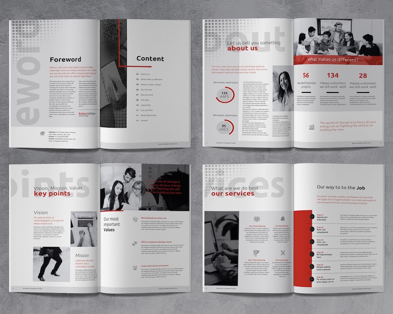 May include: A black and white brochure with red accents. The brochure features a company's vision, mission, values, and services. The text includes the words "Let us tell you something about us", "What makes us different?", "What are we do best our services", and "Our way to the job".