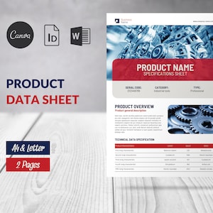 Pode incluir: Uma ficha de dados do produto com o título "PRODUCT NAME SPECIFICATIONS SHEET" em vermelho e branco. O documento inclui seções para código de série, categoria e tipo. A folha está em uma superfície de madeira branca.