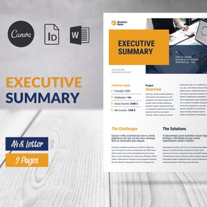 以下が含まれることがあります： 黄色と青色のエグゼクティブサマリーテンプレートで、「エグゼクティブサマリー」というテキストが大きく太字で表示されています。テンプレートには、会社情報、プロジェクトの概要、課題、解決策のセクションが含まれています。テンプレートはA4とレターサイズの用紙用に設計されており、2ページです。