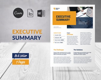 May include: A yellow and blue executive summary template with the text "Executive Summary" in a large, bold font. The template includes sections for company information, project overview, challenges, and solutions. The template is designed for A4 and letter size paper and is two pages long.