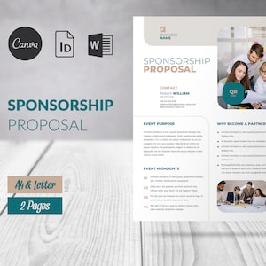 May include: A teal and white sponsorship proposal template with the text "Sponsorship Proposal" in a large teal font. The template includes sections for event purpose, event highlights, and why become a partner. The template is designed for a business to use to propose a sponsorship opportunity to a potential sponsor.