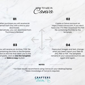 Puede incluir: Un fondo de m&aacute;rmol blanco y gris con texto negro que explica c&oacute;mo usar una plantilla de Canva. El texto incluye instrucciones para descargar la plantilla, crear una cuenta de Canva y editar la plantilla. El texto tambi&eacute;n incluye notas sobre el uso de Canva en un ordenador de sobremesa o port&aacute;til y la necesidad de tener conocimientos b&aacute;sicos de Canva.