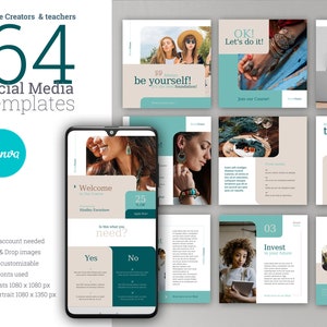 Green Instagram Templates Canva, Influencer Blogger Engagement, Social Media Course creators Turqoise, Instagram Post Coaches, Bloggers FB