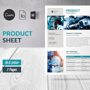 Modello scheda prodotto Canva, scheda tecnica prodotto volantino, pagina descrizione prodotto, design modificabile in Word, scheda marketing modello prodotto