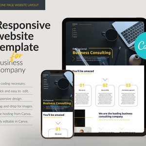 Pode incluir: Uma maquete de um modelo de site responsivo para uma empresa de consultoria empresarial. O modelo foi projetado para ser fácil de editar e personalizar, com funcionalidade de arrastar e soltar para imagens. O modelo também inclui hospedagem gratuita do Canva e é totalmente editável no Canva. O site apresenta um esquema de cores preto e branco com acentos amarelos. O texto no site inclui as palavras "Consultoria empresarial profissional" e "Você vai se surpreender".