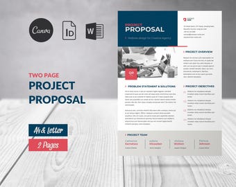 May include: A two-page project proposal template in blue and red with the text "Project Proposal" and "Website design for Creative Agency". The template includes sections for project overview, problem statement and solutions, project objectives, and project team.