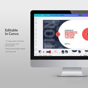 May include: A computer monitor displays a presentation template with the text "CORPORATE BUSINESS PRESENTATION." The screen also shows the text "Editable in Canva" and details about the template, including "17 Unique slides 16:9 format."