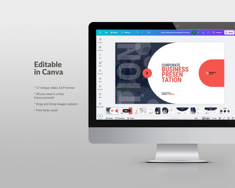 May include: A computer monitor displays a presentation template with the text "CORPORATE BUSINESS PRESENTATION." The screen also shows the text "Editable in Canva" and details about the template, including "17 Unique slides 16:9 format."