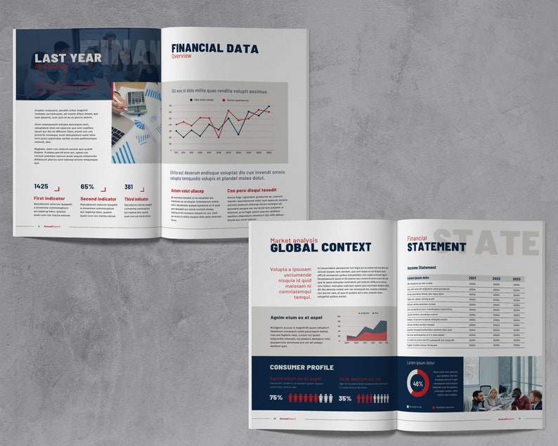 May include: A financial report with charts and graphs showing data for the last year. The report includes a section on global context, consumer profile, and financial statement. The report is printed on white paper with a blue and red color scheme.