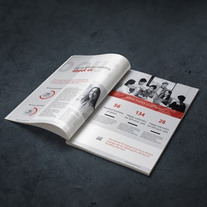 May include: A magazine spread with a red and white color scheme. The text on the page reads "What makes us different?" and lists three numbers: 56, 134, and 28. The text below the numbers reads "The secret of change is to focus all your energy not on fighting the old but on building the new."