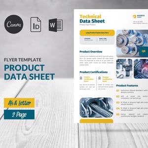 Pode incluir: Um modelo de folheto branco intitulado "Technical Data Sheet" com um design amarelo e azul. O folheto inclui seções para visão geral do produto, certificações e recursos, juntamente com imagens de componentes mecânicos. O modelo é rotulado como "A4 & Letter" e "2 páginas".