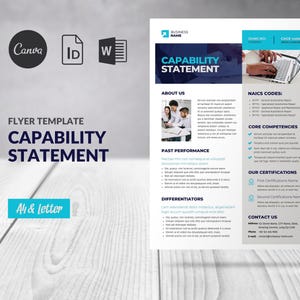 Op de afbeelding: Een blauwe en witte flyer-sjabloon voor een capability statement. De flyer bevat secties voor "Over ons", "Vorige prestaties", "Differentiatoren", "NAICS-codes", "Kerncompetenties", "Onze certificeringen" en "Contact".