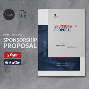 Può includere: Un opuscolo aziendale bianco e blu con il titolo "Proposta di sponsorizzazione" in rosso e blu. L'opuscolo è di 12 pagine ed è disponibile nei formati A4 e Letter.