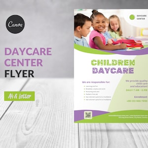 May include: A purple and green flyer for a daycare center. The flyer features a photo of three children sitting at a table and coloring. The text on the flyer reads "Children Daycare", "We are responsible for: Learning and fun, Breakfast, snacks and lunch, Nurturing and care, Pediatric first aid", "We provide quality child care and education! Daily 7 AM - 5 PM", "Enrollment +00 123 456 7800", "contactbusinessname.com | www.businessname.com | 123 Long Street Name, City Name, Country".