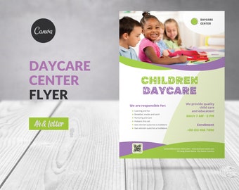 May include: A purple and green flyer for a daycare center. The flyer features a photo of three children sitting at a table and coloring. The text on the flyer reads "Children Daycare", "We are responsible for: Learning and fun, Breakfast, snacks and lunch, Nurturing and care, Pediatric first aid", "We provide quality child care and education! Daily 7 AM - 5 PM", "Enrollment +00 123 456 7800", "contactbusinessname.com | www.businessname.com | 123 Long Street Name, City Name, Country".