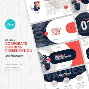 May include: A corporate business presentation template with 22 slides. The design features a modern aesthetic with a navy blue, red, and white color scheme. The Canva logo is visible. Text includes "Corporate Business Presentation" and "Canva Presentation".