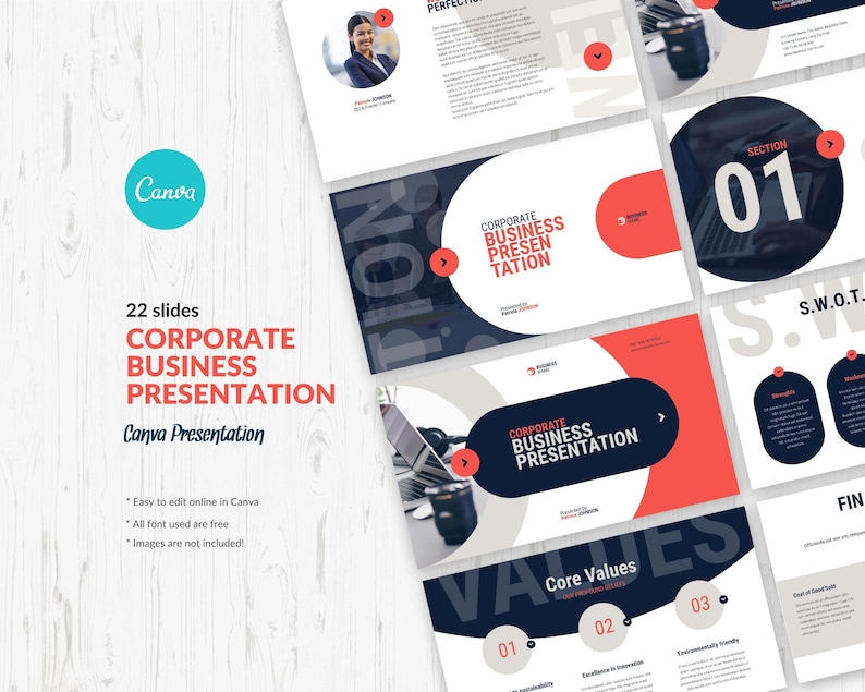 May include: A corporate business presentation template with 22 slides. The design features a modern aesthetic with a navy blue, red, and white color scheme. The Canva logo is visible. Text includes "Corporate Business Presentation" and "Canva Presentation".