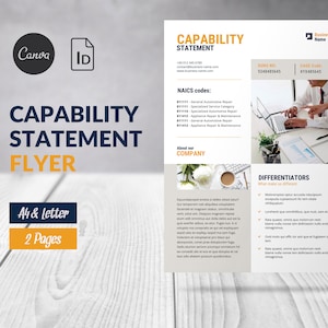 Może przedstawiać: Żółto-niebieska ulotka z tekstem "Capability Statement Flyer" pogrubioną czarną czcionką. Ulotka zawiera również tekst "A4 & Letter, 2 Pages" mniejszą czcionką. Ulotka jest dla firmy świadczącej usługi naprawy samochodów.