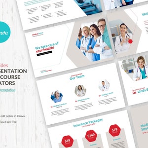 Può includere: Un modello di presentazione Canva di 15 diapositive per i creatori di corsi, con un tema medico. La presentazione include diapositive per un messaggio di benvenuto, un'introduzione del team, pacchetti assicurativi e specialità mediche. Le diapositive sono progettate con uno sfondo bianco e accenti rossi e turchesi.