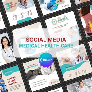 Puede incluir: Un collage de publicaciones en redes sociales para un proveedor de atención médica. Las publicaciones presentan imágenes de médicos, pacientes y equipos médicos. El texto de las publicaciones incluye información sobre los servicios del proveedor, testimonios y estudios de casos. Las publicaciones están diseñadas para ser visualmente atractivas e informativas.