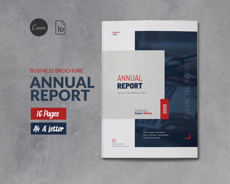 May include: A white and blue business brochure with the title "Annual Report" and the text "Our Last Year Financial Activity". The brochure has a red and white 2026 banner and the text "Financial Report" on the right side.