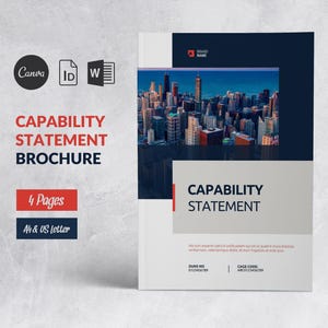 May include: A brochure design with a cityscape image, the words "CAPABILITY STATEMENT BROCHURE", and icons for Canva, ID, and W. The brochure has 4 pages and is A4 & US Letter size.